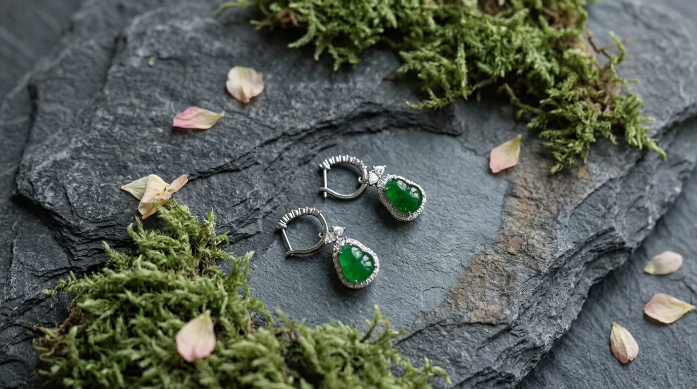 Gourd jade drop earrings resting on slate with moss and rose petals