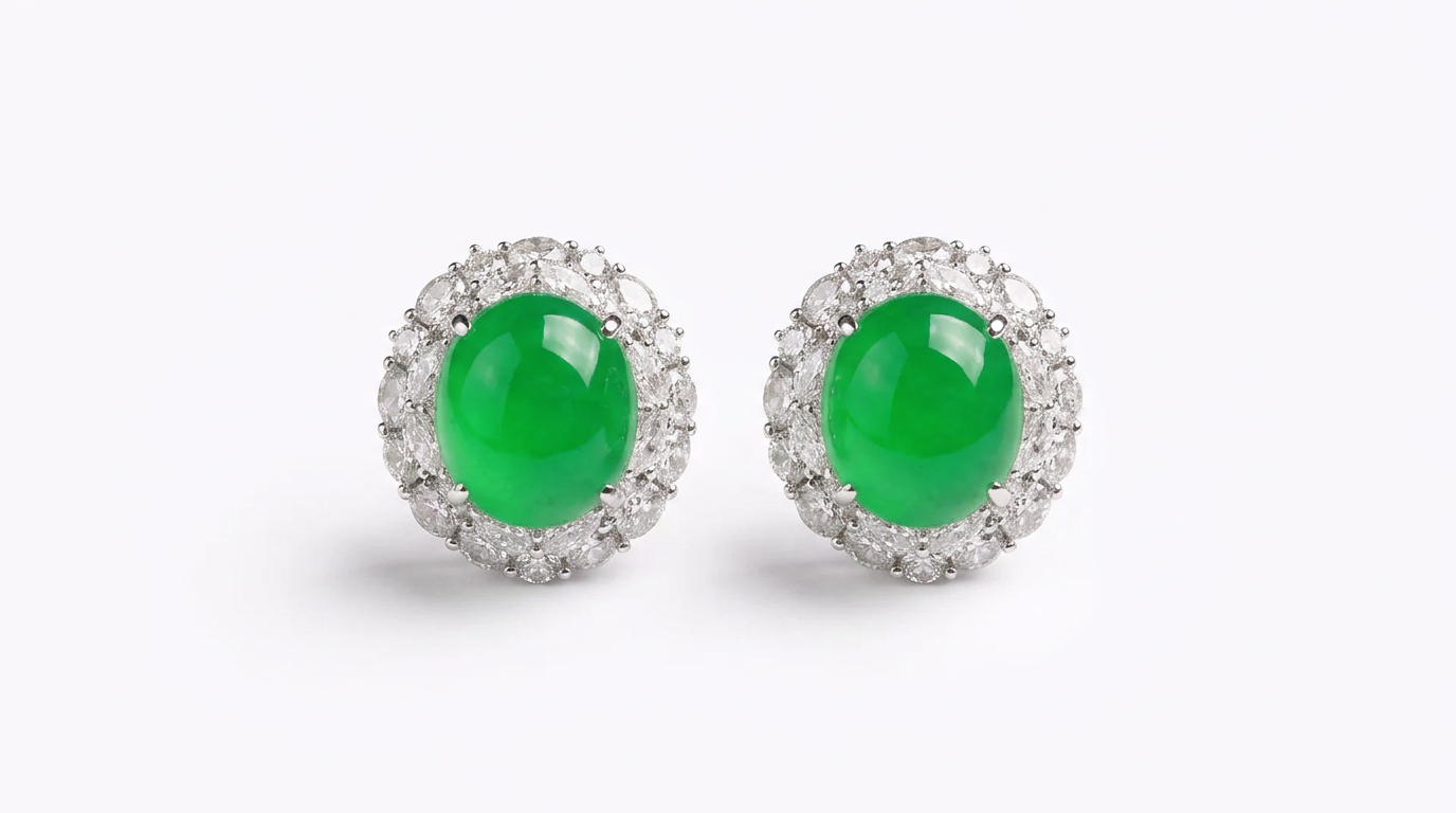 Jade cabochon earrings framed with brilliant-cut diamonds, on a white background