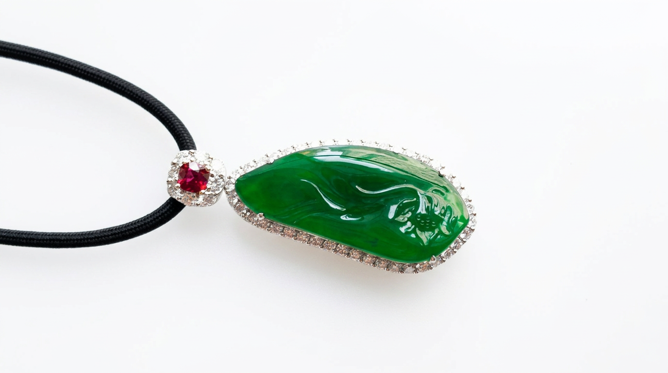 Carved green jade lotus pendant framed with brilliant-cut diamonds and a red spinel accent, on a black cord