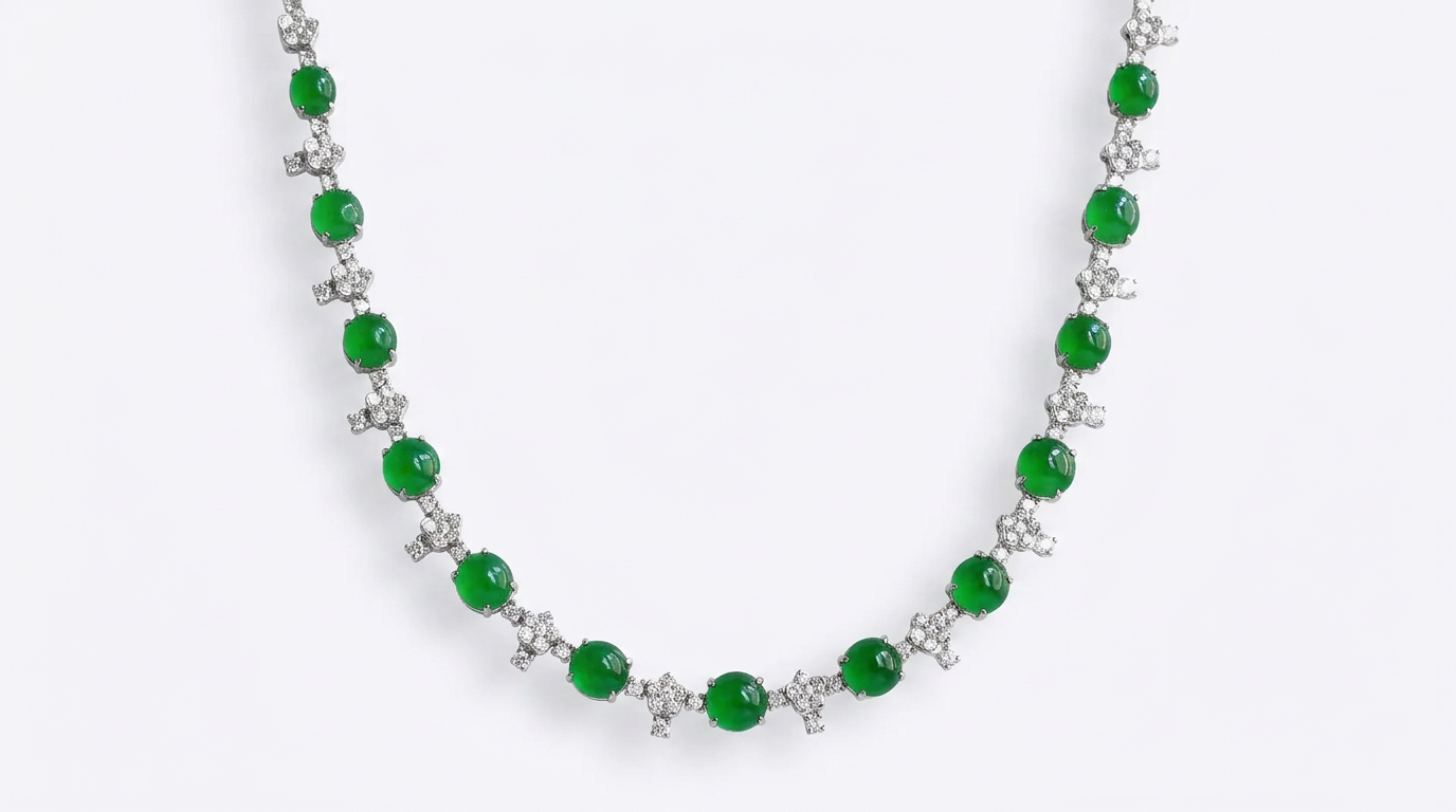 Jade and diamond riviére necklace on a white background