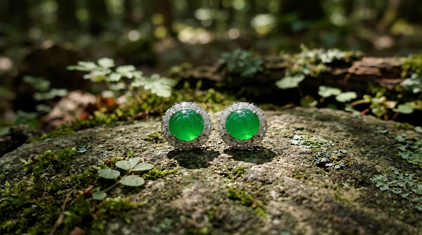 Imperial Jade Studs photographed in a natural setting