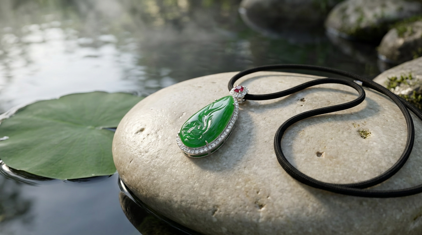 Lotus jade pendant on a river stone beside a lotus leaf