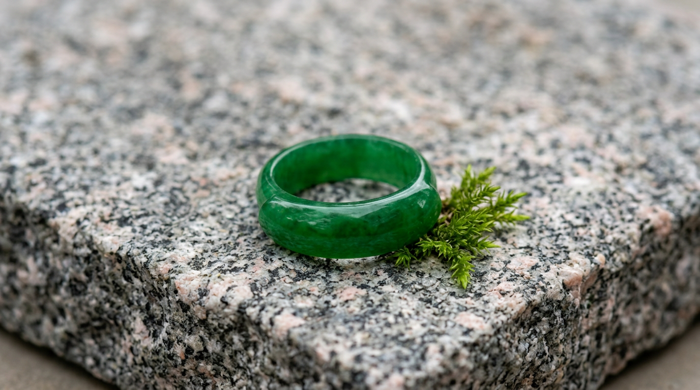 Verdant jade ring resting on natural granite with moss